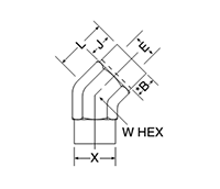 45° Elbow, Tube Socket End - Both Ports - dimensions