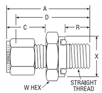 Male Connector to O-Ring Straight Thread for fractional tube - dimensions