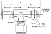 Male Run Tee SAE Straight Thread for fractional tube - dimensions