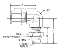 Male SAE Straight Thread Elbow for fractional tube - dimensions