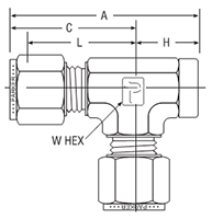 NPT Female Run Tee for metric tube - dimensions