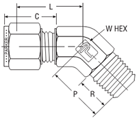 NPT Male 45° Elbow for metric tube - dimensions