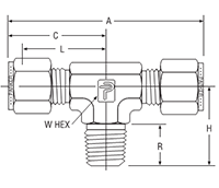 NPT Male Branch Tee for fractional tube - dimensions