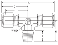 NPT Male Branch Tee for metric tube - dimensions