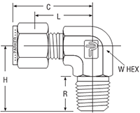 NPT Male Elbow for fractional tube - dimensions