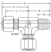 NPT Male Run Tee for metric tube - dimensions