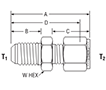 37° Flare Connector for fractional tube - dimensions