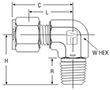 BSP Taper Male Elbow for metric tube - dimensions