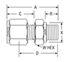 BSPP Male Connector for metric tube - dimensions