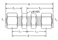 Bulkhead Union for fractional tube - dimensions