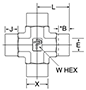 Cross, Tube Socket End - All 4 Ports - dimensions