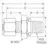 Male Connector to O-Ring Pipe Thread for fractional tube - dimensions