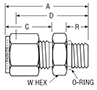 Male Connector to SAE Straight Thread for fractional tube - dimensions