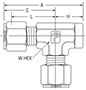 NPT Female Run Tee for fractional tube - dimensions