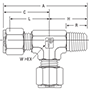 NPT Male Run Tee for metric tube - dimensions